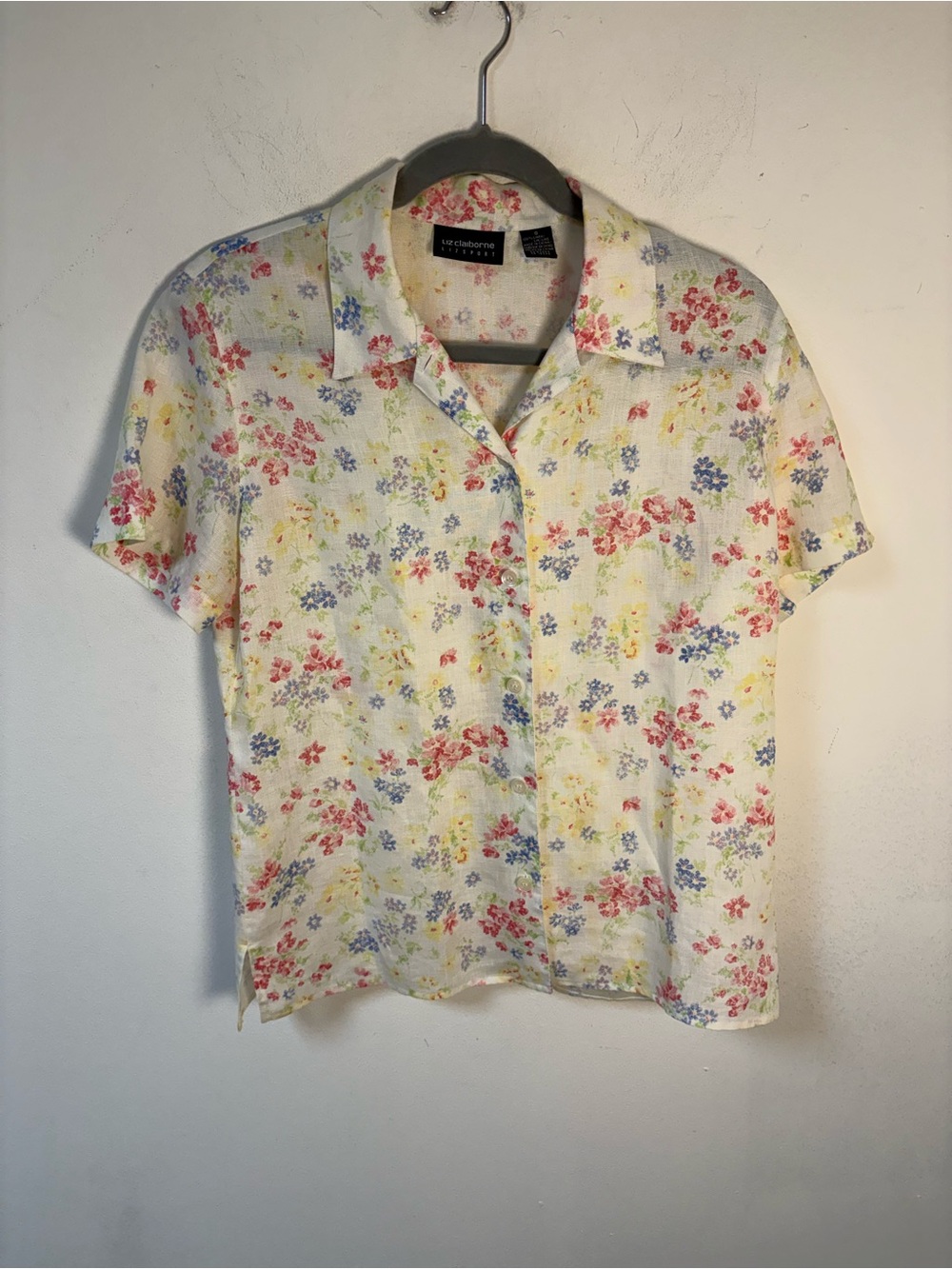 Liz Claiborne Sport Womens Floral Short-Sleeve Button Front Blouse Small Linen